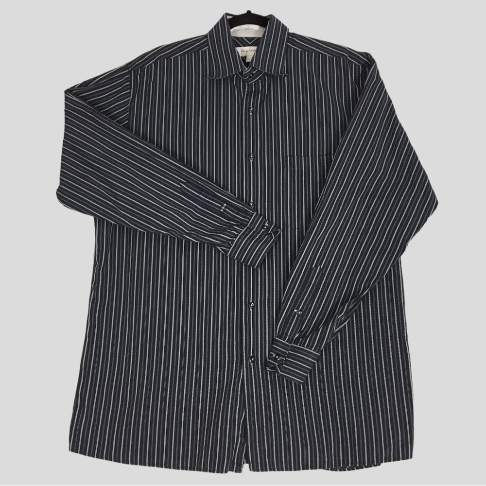 John W Nordstrom Shirt Mens Large Cotton Striped Long Sleeve Shoulder Pleats